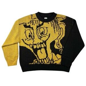 Polar Skate Co Emile Dude Crew Knit Sweater Mens L Black Yellow Wool Blend Skate